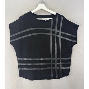 Siani Milano Black Faux Leather Stripe‎ Top Womens Large Chic Stretch Blouse